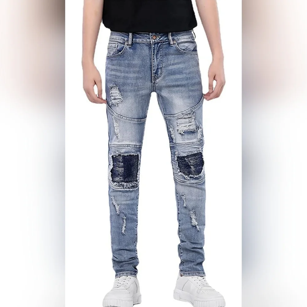 Mens Slim Fit Distressed Straight Leg Denim Jeans - Picture 2 of 5